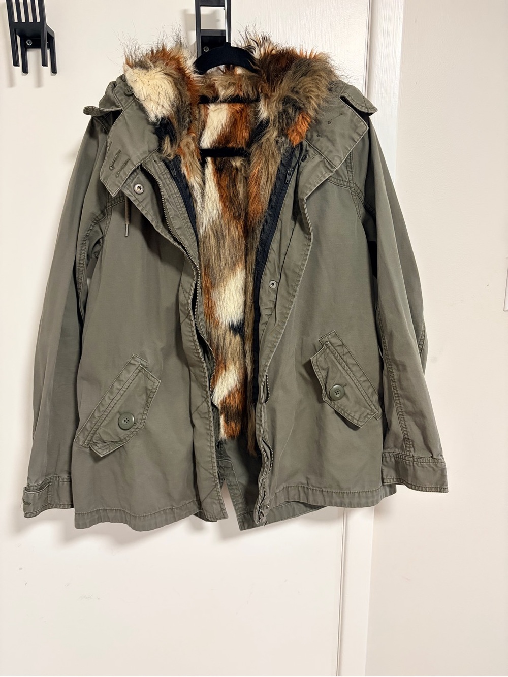 American Eagle Outfitters Olive Utility Parka with Faux Fur Trim